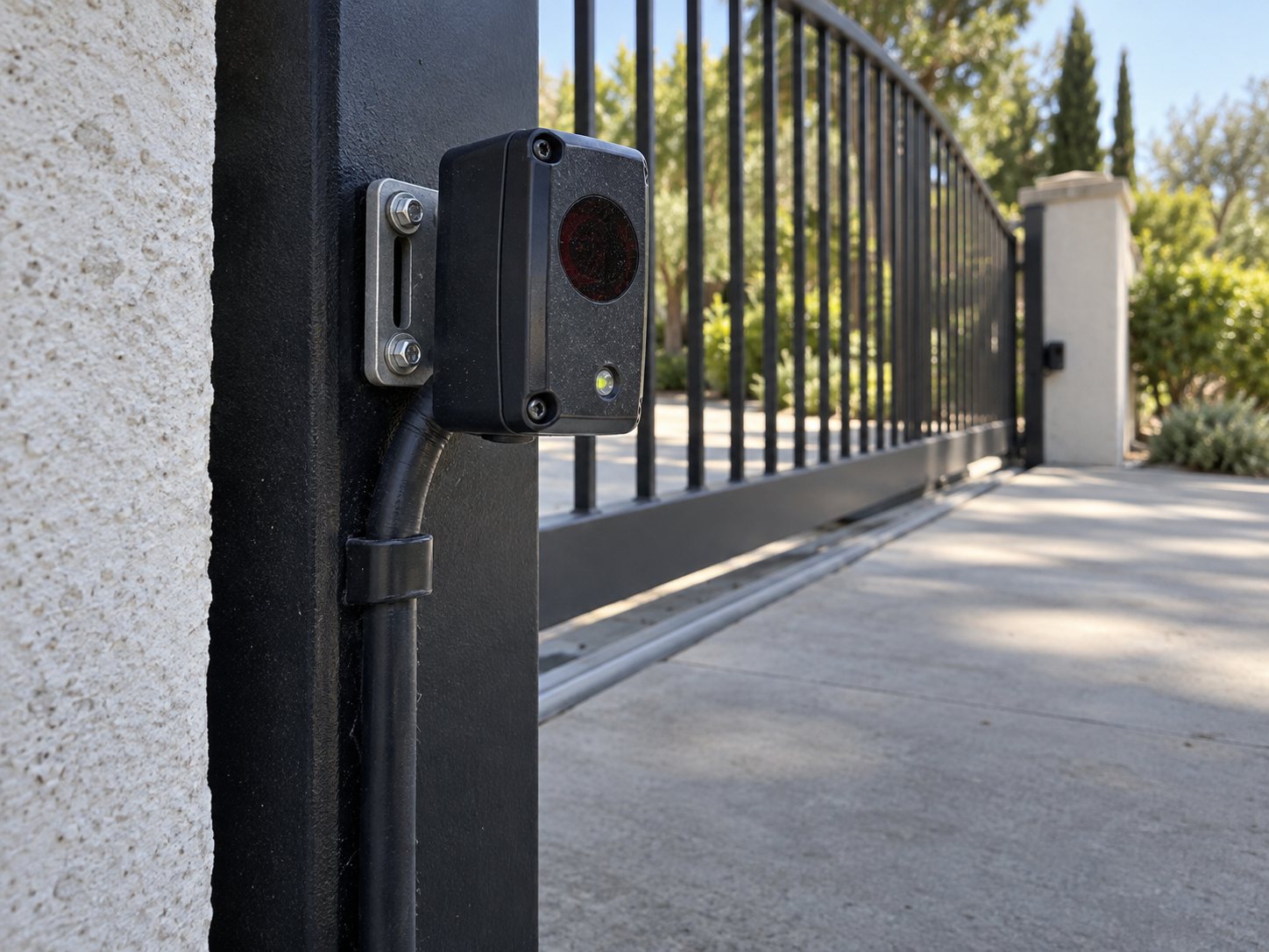 Photo-eye safety sensor mounted on an automatic gate post